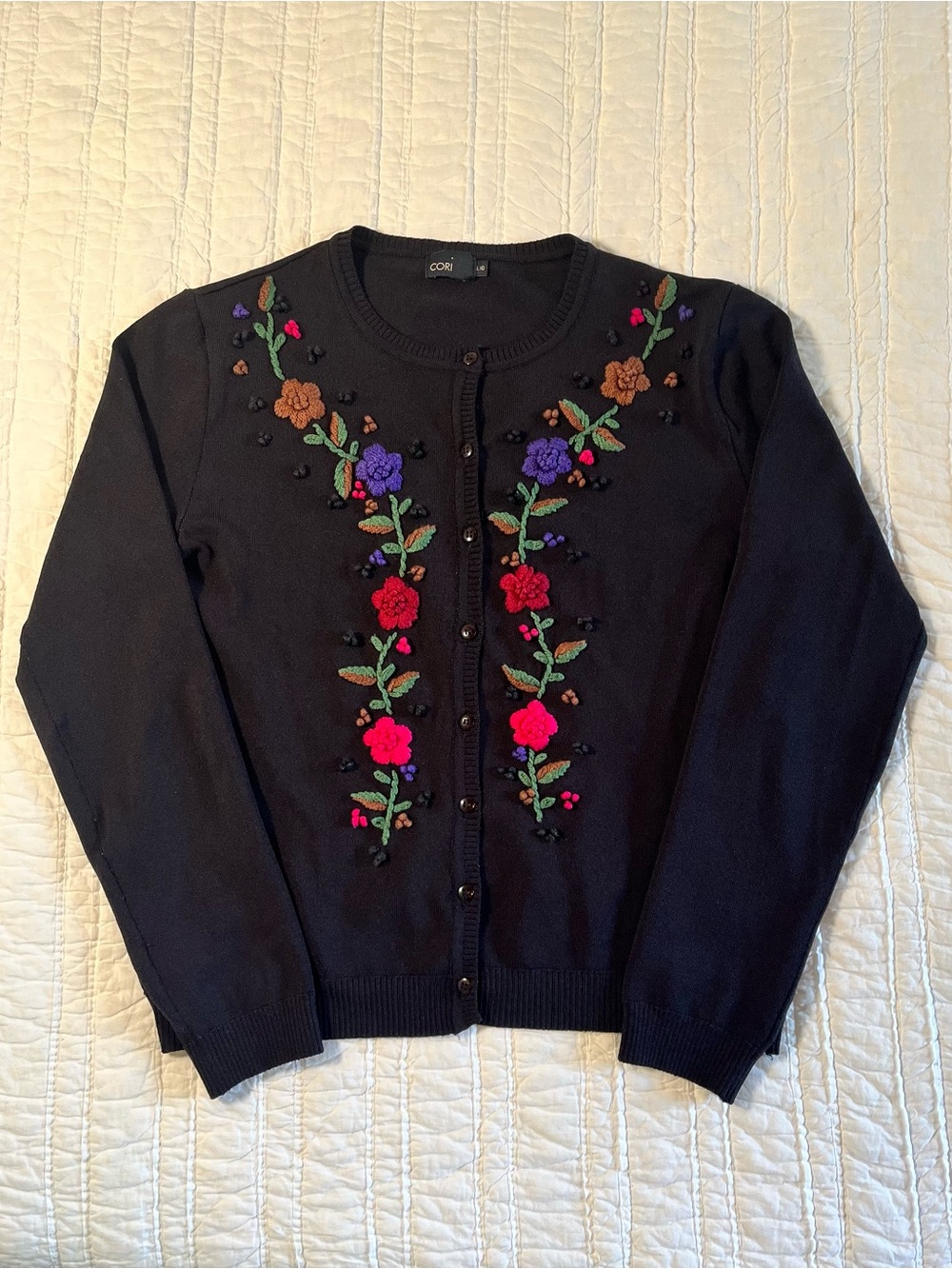 Black Floral Embroidered Button-Front Cardigan